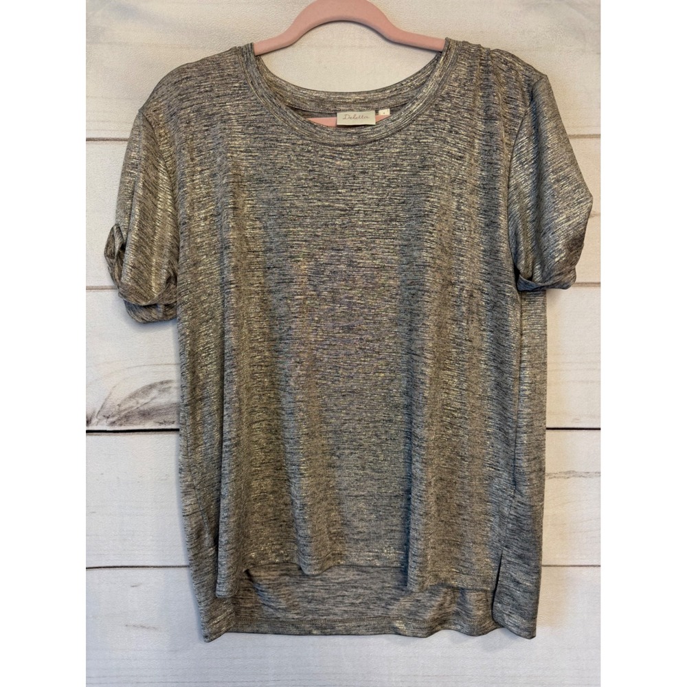 Deletta Anthropologie Metallic Gold Silver Space Dye Cuffed Short Sleeve Top M